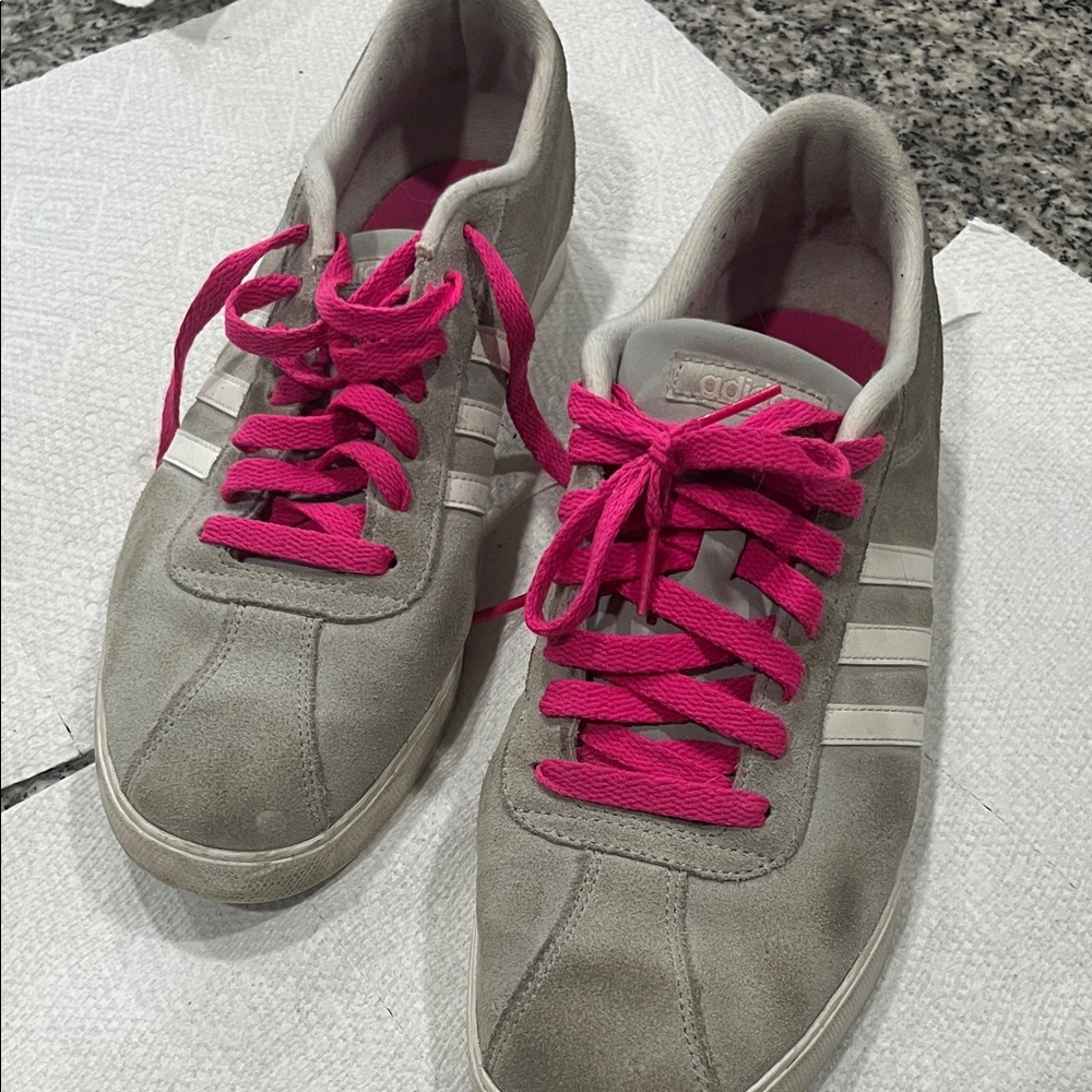 Adidas Women's Beige Sneakers with Bright Pink Laces